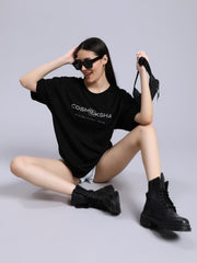 Women Black Alignment over-sized Tee