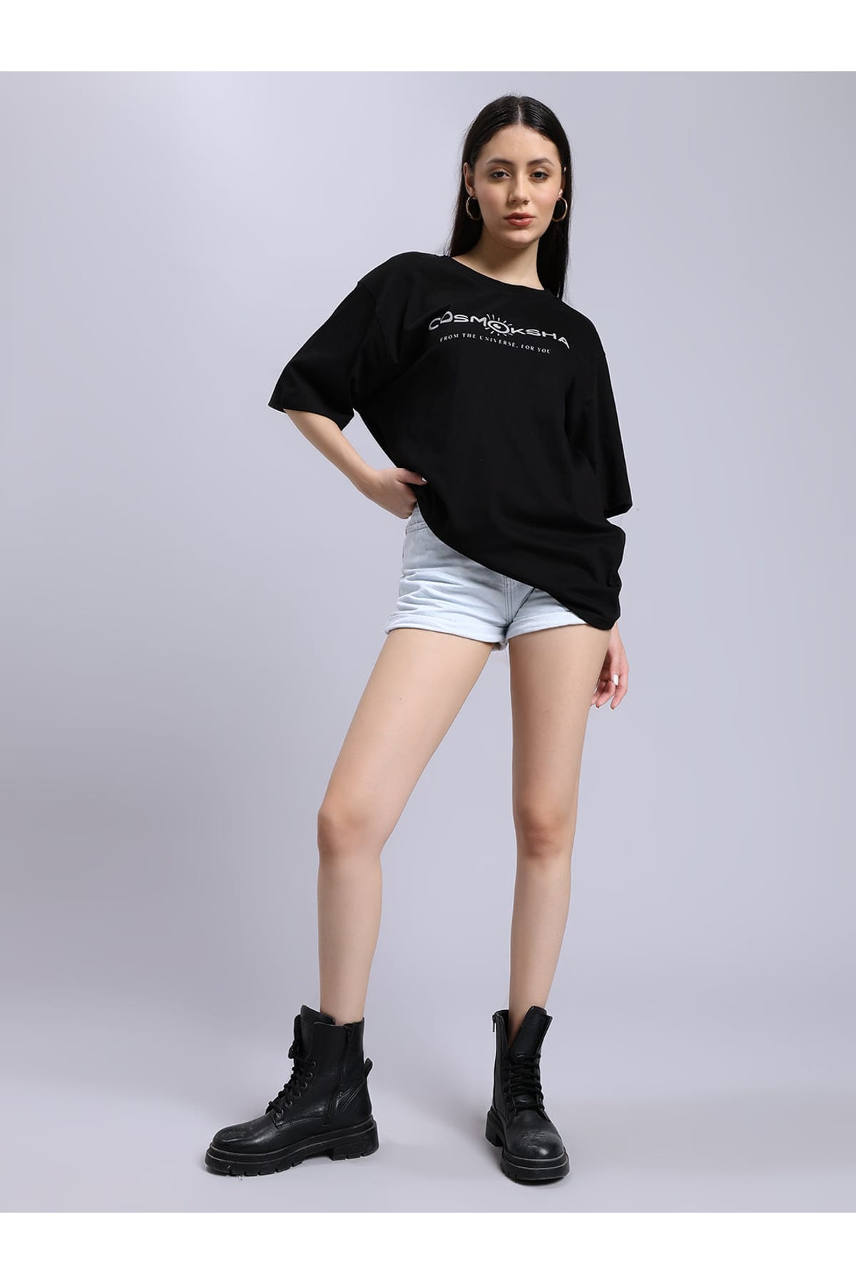 Women Black Alignment over-sized Tee