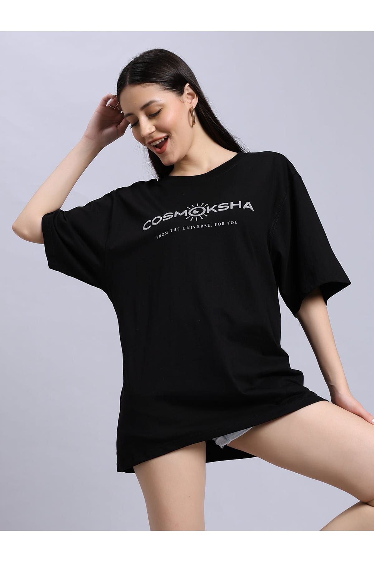 Women Black Alignment over-sized Tee