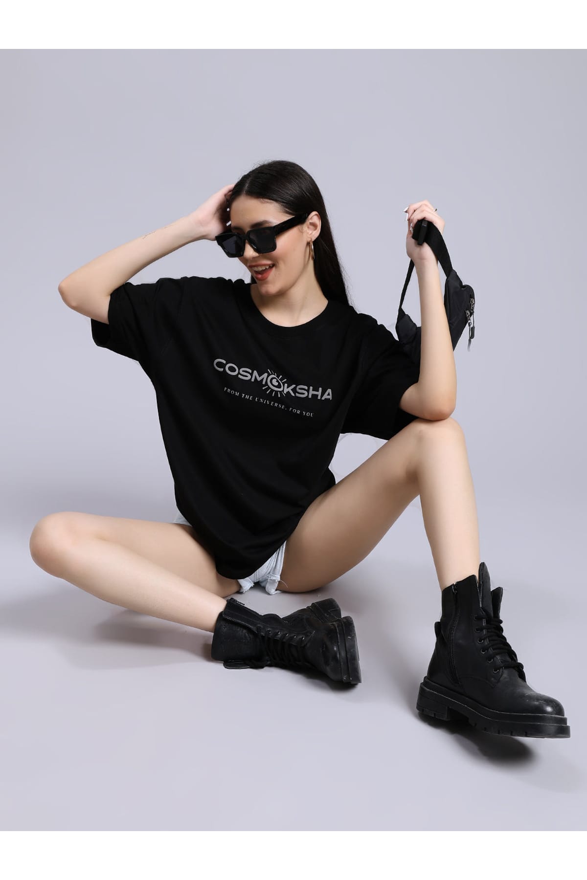 Women Black Alignment over-sized Tee